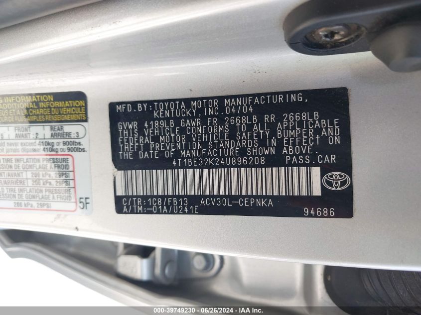 2004 Toyota Camry Le VIN: 4T1BE32K24U896208 Lot: 39749230