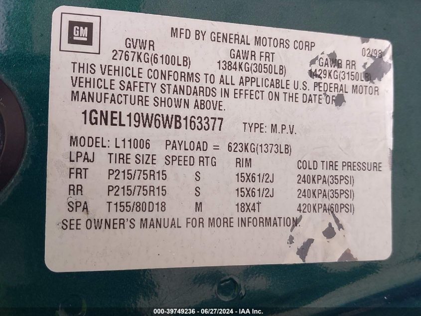 1998 Chevrolet Astro VIN: 1GNEL19W6WB163377 Lot: 39749236