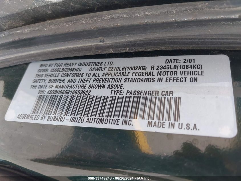 2001 Subaru Outback VIN: 4S3BH665916653822 Lot: 39749248