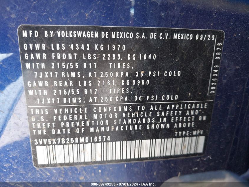 2024 Volkswagen Taos 1.5T S VIN: 3VV5X7B25RM016974 Lot: 39749253