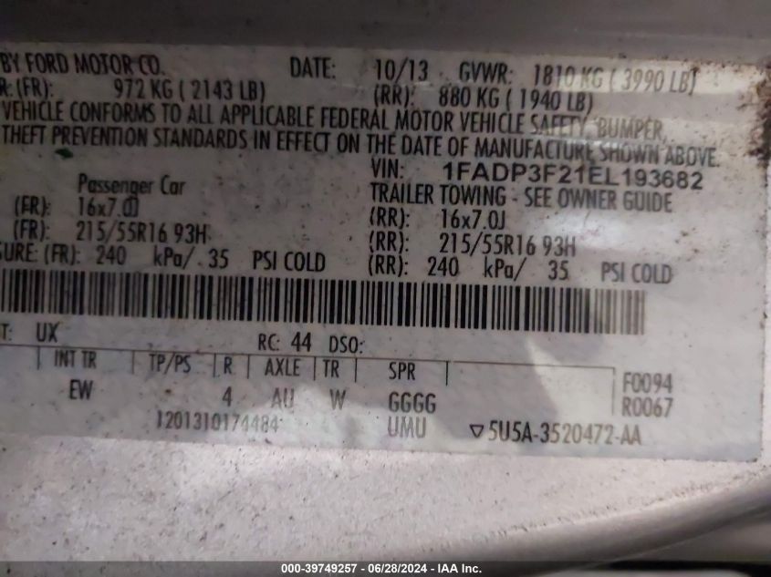 2014 Ford Focus Se VIN: 1FADP3F21EL193682 Lot: 39749257