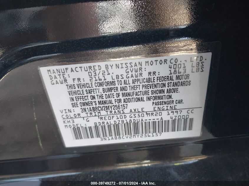 2021 Nissan Sentra Sv Xtronic Cvt VIN: 3N1AB8CV2MY256157 Lot: 39749272