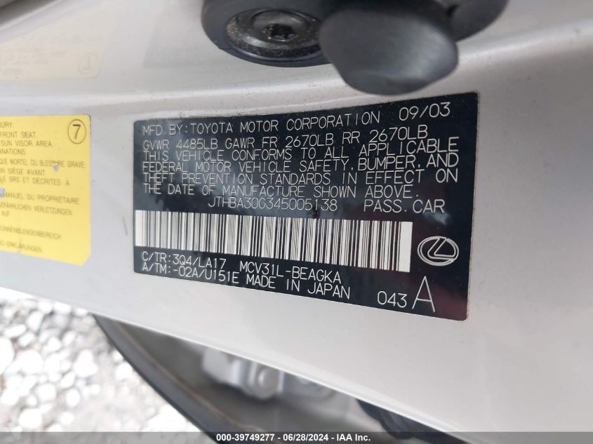 2004 Lexus Es 330 VIN: JTHBA30G345005138 Lot: 39749277