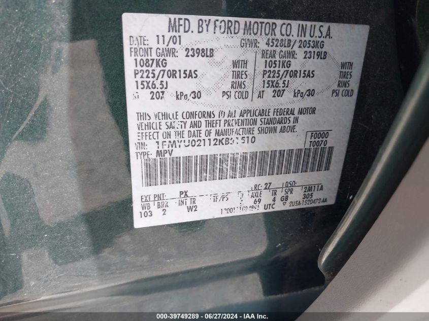 2002 Ford Escape Xls VIN: 1FMYU02112KB21510 Lot: 39749289
