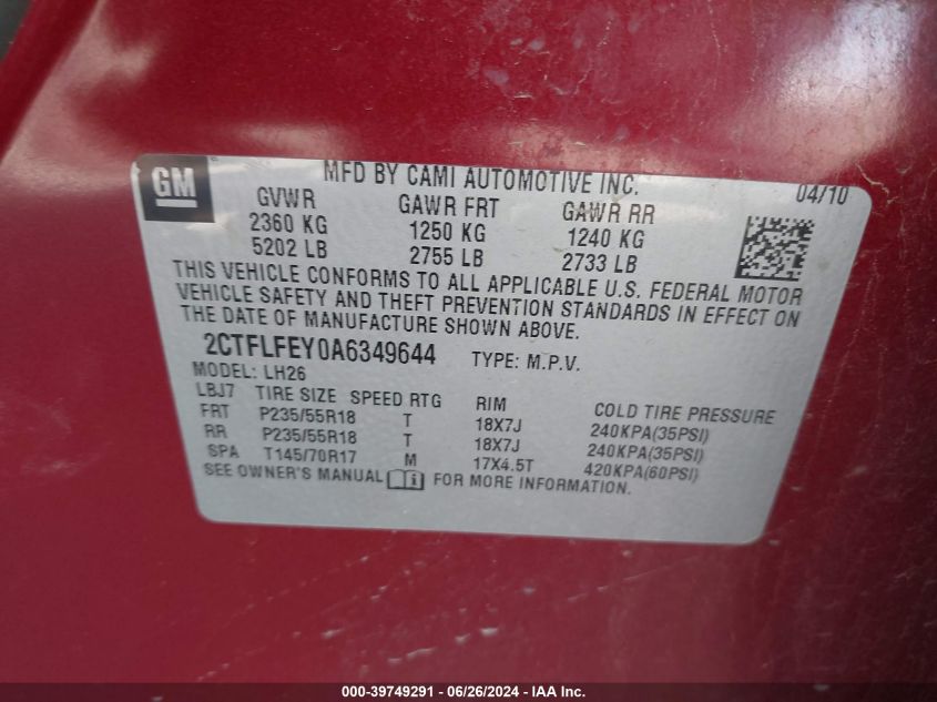 2010 GMC Terrain Slt-1 VIN: 2CTFLFEY0A6349644 Lot: 39749291