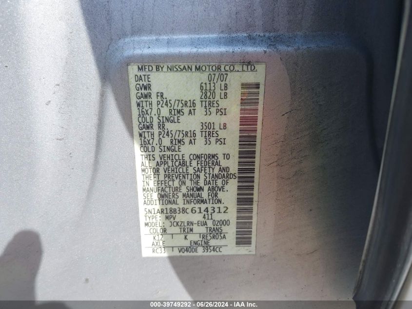 2008 Nissan Pathfinder S VIN: 5N1AR18B38C614312 Lot: 39749292