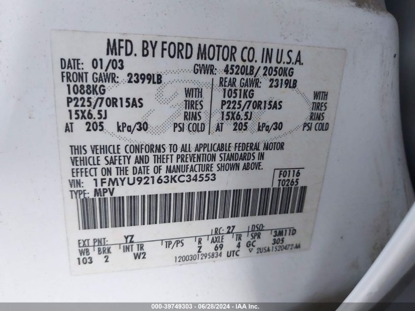 2003 Ford Escape Xls VIN: 1FMYU92163KT34553 Lot: 39749303