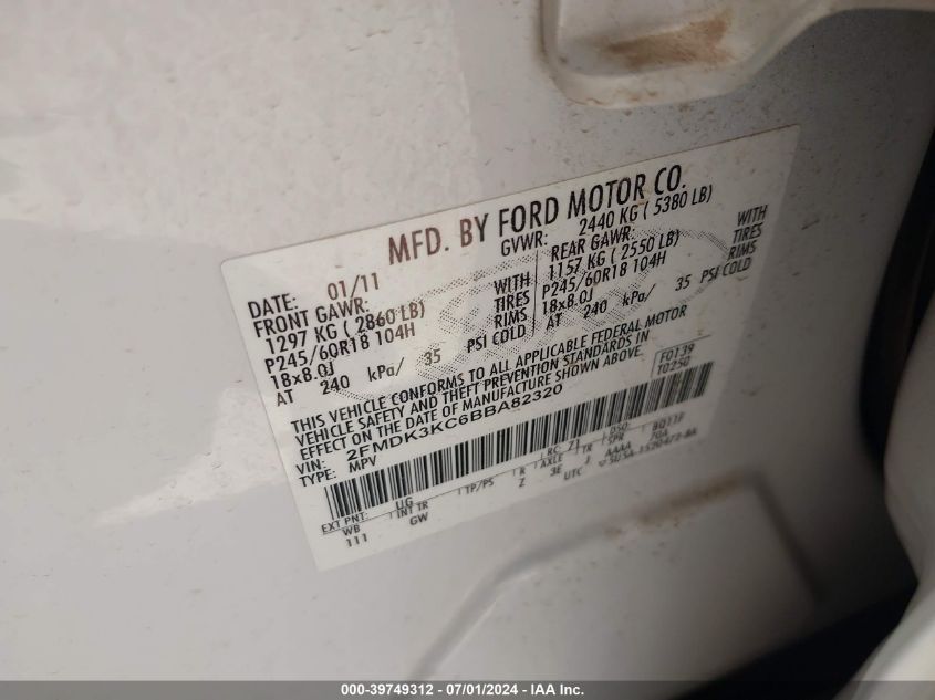 2011 Ford Edge Limited VIN: 2FMDK3KC6BBA82320 Lot: 39749312