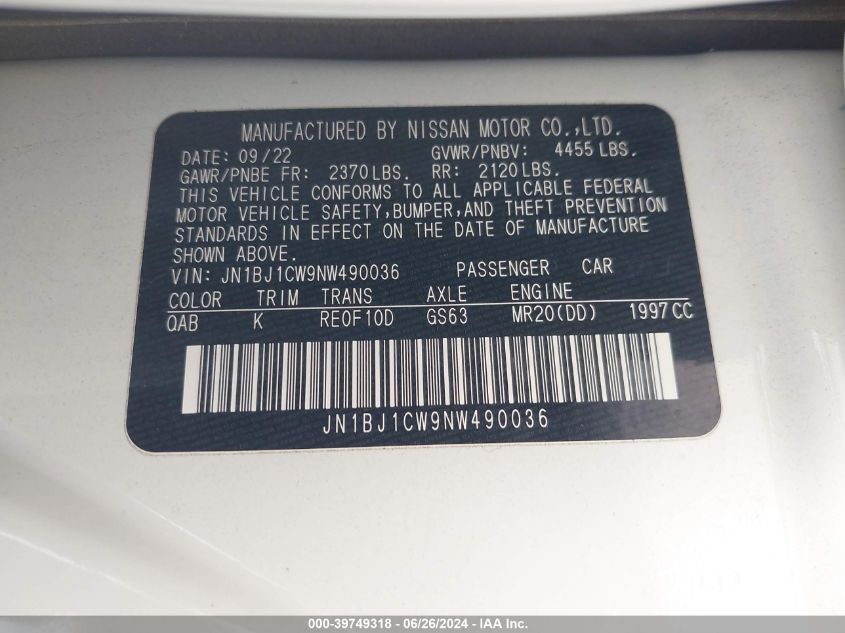 2022 Nissan Rogue Sport Sl VIN: JN1BJ1CW9NW490036 Lot: 39749318