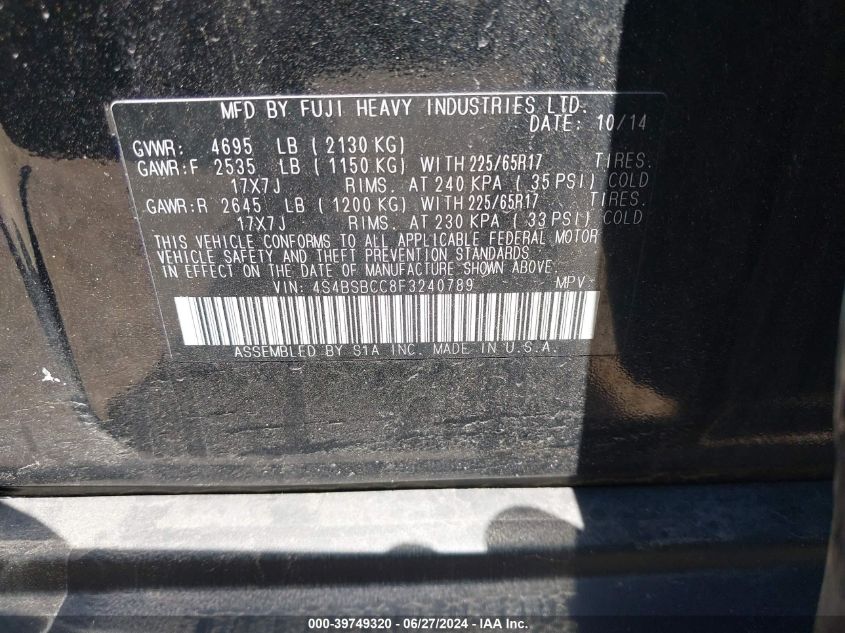 2015 Subaru Outback 2.5I Premium VIN: 4S4BSBCC8F3240789 Lot: 39749320