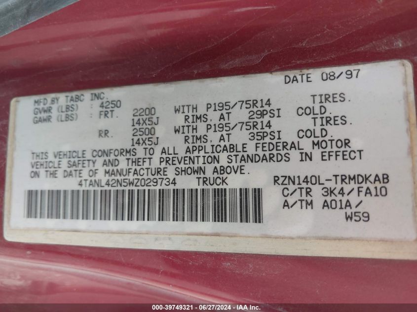1998 Toyota Tacoma VIN: 4TANL42N5WZ029734 Lot: 39749321