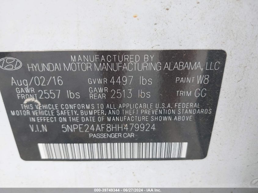 2017 Hyundai Sonata Se VIN: 5NPE24AF8HH479924 Lot: 39749344