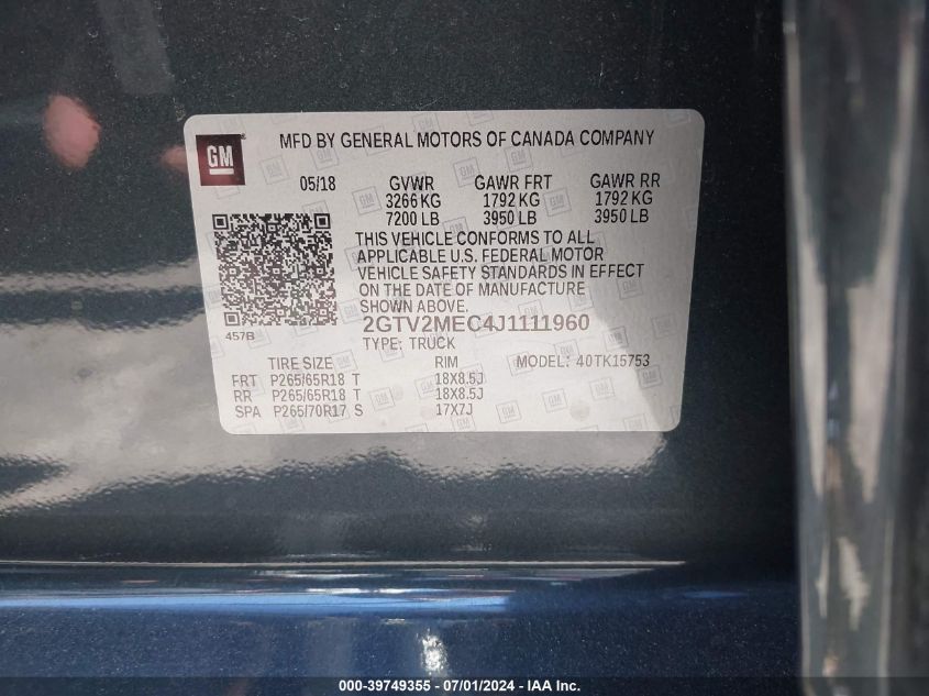 2018 GMC Sierra 1500 Sle VIN: 2GTV2MEC4J1111960 Lot: 39749355