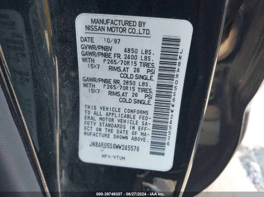 1998 Nissan Pathfinder Le/Xe VIN: JN8AR05S6WW245576 Lot: 39749357