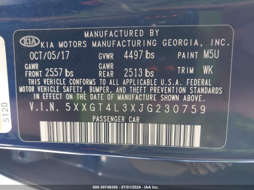 2018 Kia Optima Lx VIN: 5XXGT4L3XJG230759 Lot: 39749358