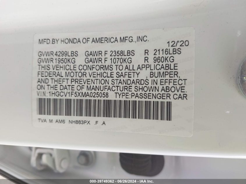 2021 Honda Accord Ex-L VIN: 1HGCV1F5XMA025058 Lot: 39749362