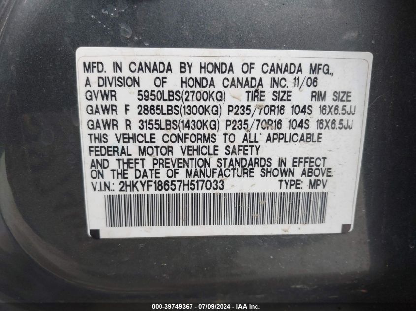 2007 Honda Pilot Ex-L VIN: 2HKYF18657H517033 Lot: 39749367