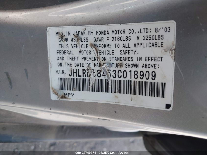 2003 Honda Cr-V Lx VIN: JHLRD68453C018909 Lot: 39749371