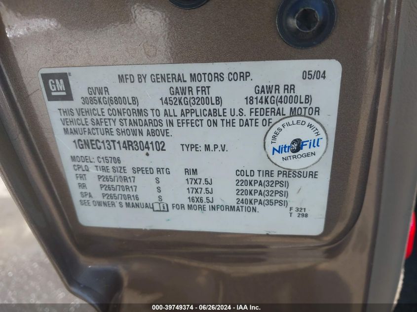 2004 Chevrolet Tahoe Lt VIN: 1GNEC13T14R304102 Lot: 39749374