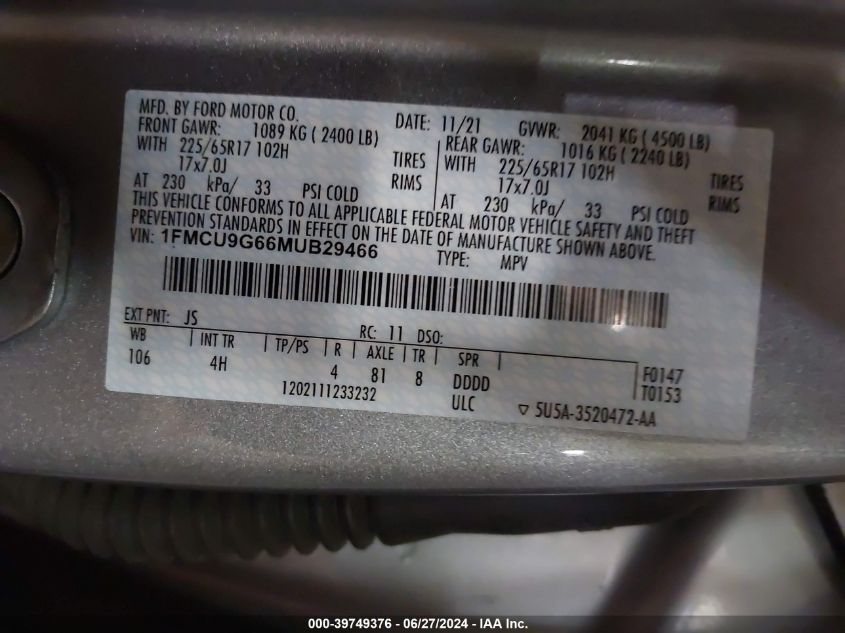 2021 Ford Escape Se VIN: 1FMCU9G66MUB29466 Lot: 39749376