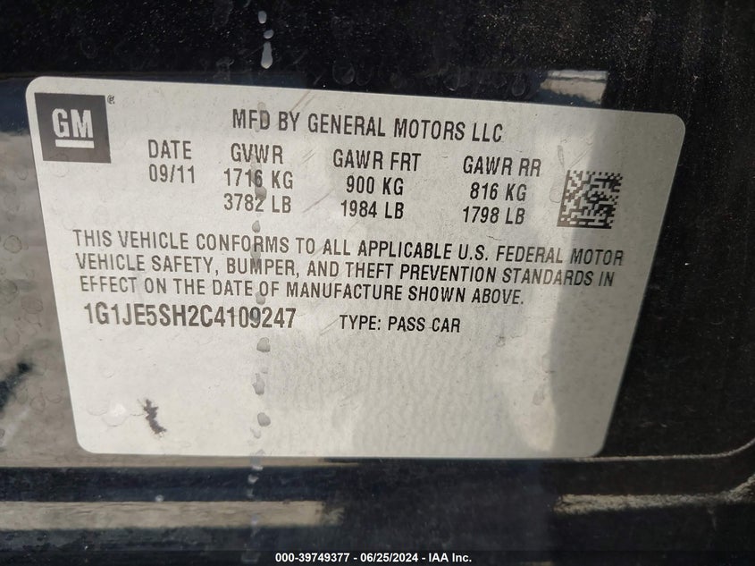 2012 Chevrolet Sonic 2Lz VIN: 1G1JE5SH2C4109247 Lot: 39749377