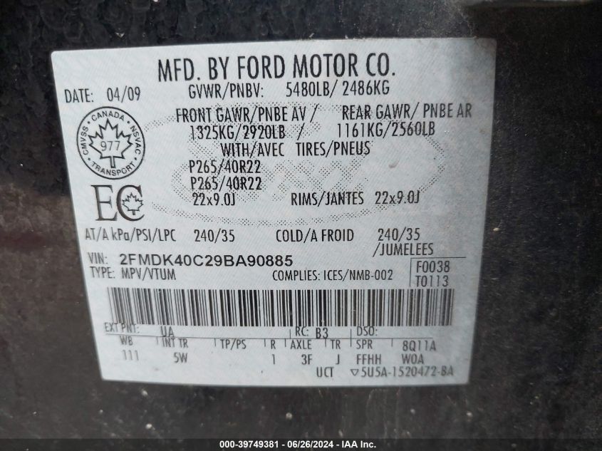 2FMDK40C29BA90885 2009 Ford Edge Sport