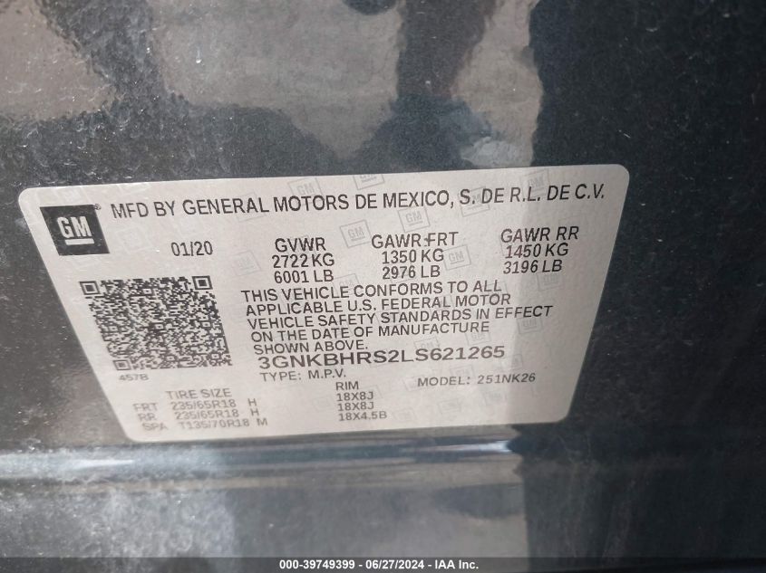 2020 Chevrolet Blazer Awd 2Lt VIN: 3GNKBHRS2LS621265 Lot: 39749399