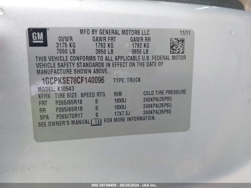 2012 Chevrolet Silverado 1500 Lt VIN: 1GCPKSE78CF140096 Lot: 39749409