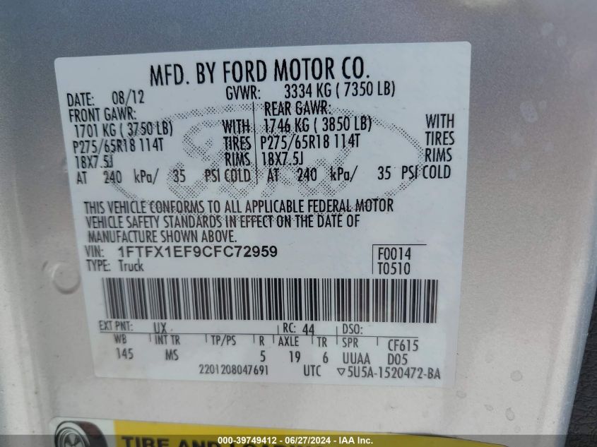 2012 Ford F-150 Xlt VIN: 1FTFX1EF9CFC72959 Lot: 39749412