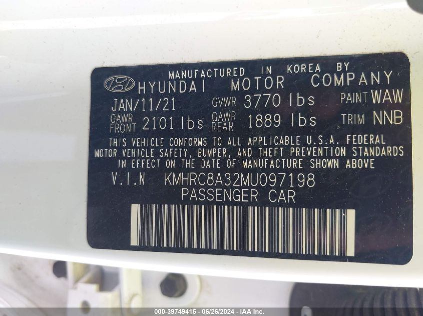 2021 Hyundai Venue Sel VIN: KMHRC8A32MU097198 Lot: 39749415
