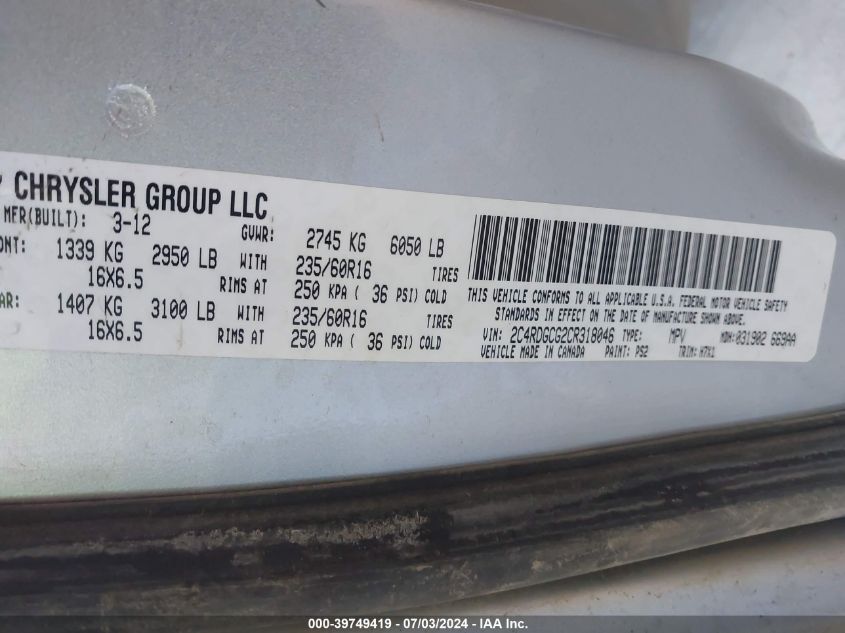 2012 Dodge Grand Caravan Sxt VIN: 2C4RDGCG2CR318046 Lot: 39749419