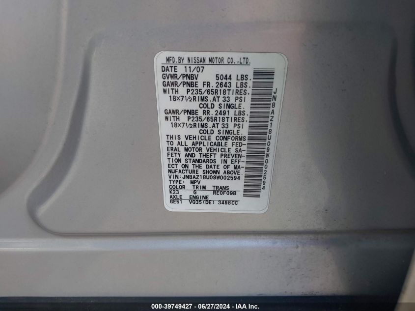 2009 Nissan Murano S/Sl VIN: JN8AZ18U09W002594 Lot: 39749427