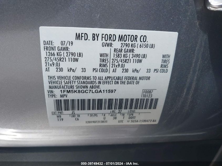 2020 Ford Explorer St VIN: 1FM5K8GC7LGA11597 Lot: 39749432