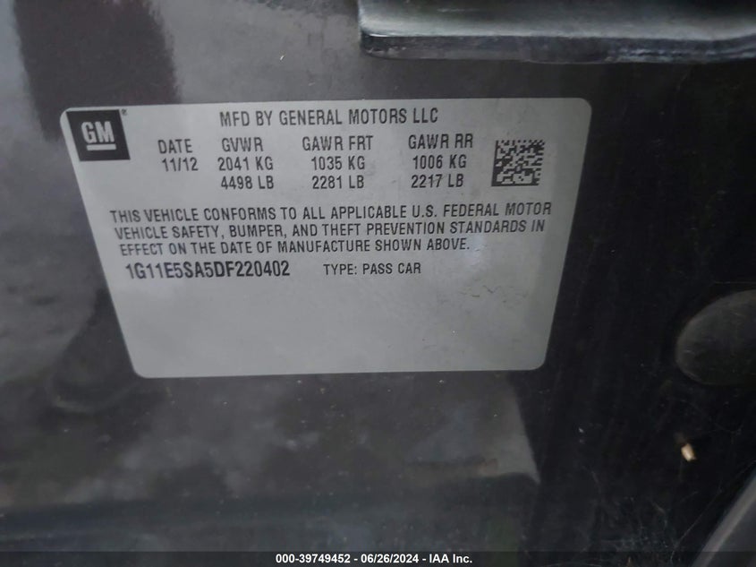 2013 Chevrolet Malibu 2Lt VIN: 1G11E5SA5DF220402 Lot: 39749452