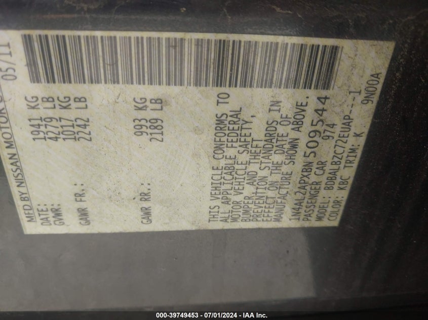 2011 Nissan Altima 2.5 S VIN: 1N4AL2APXBN509544 Lot: 39749453