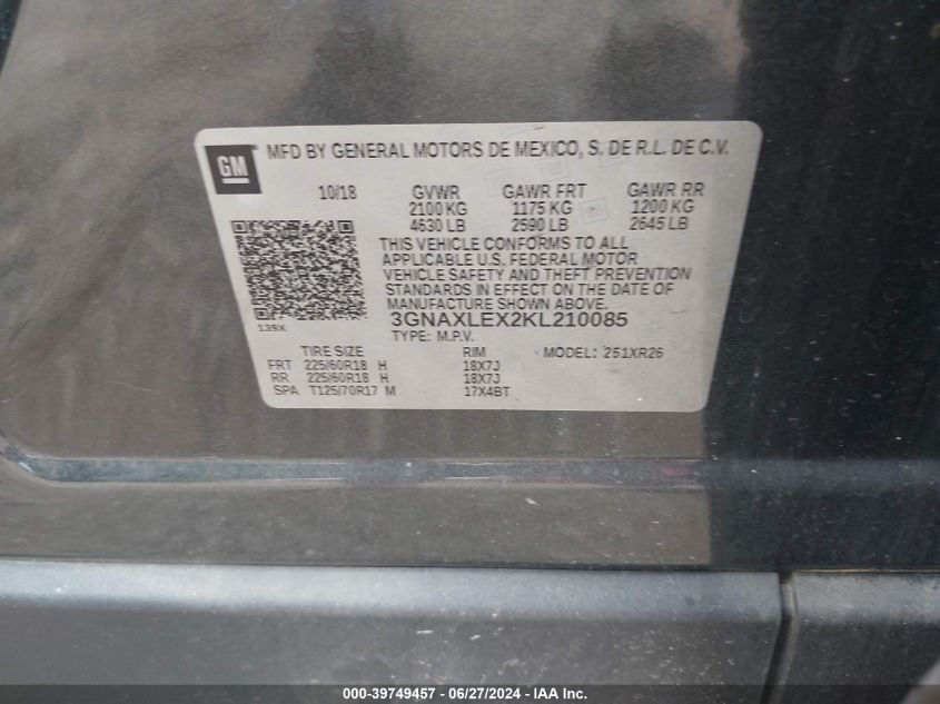2019 Chevrolet Equinox Lt VIN: 3GNAXLEX2KL210085 Lot: 39749457