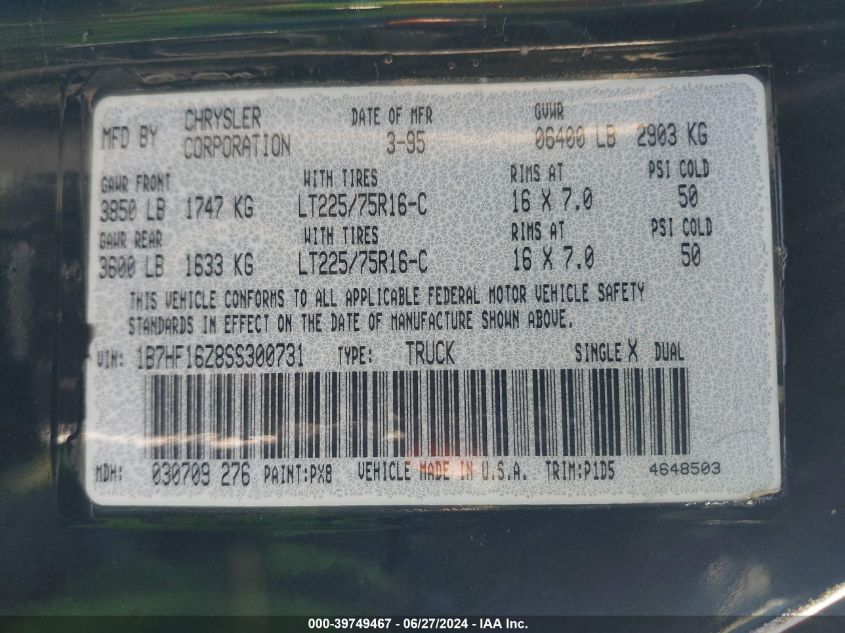 1995 Dodge Ram 1500 VIN: 1B7HF16Z8SS300731 Lot: 39749467