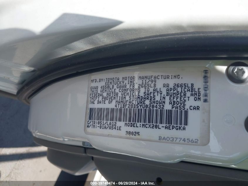 2000 Toyota Avalon Xls VIN: 4T1BF28B5YU020432 Lot: 39749474