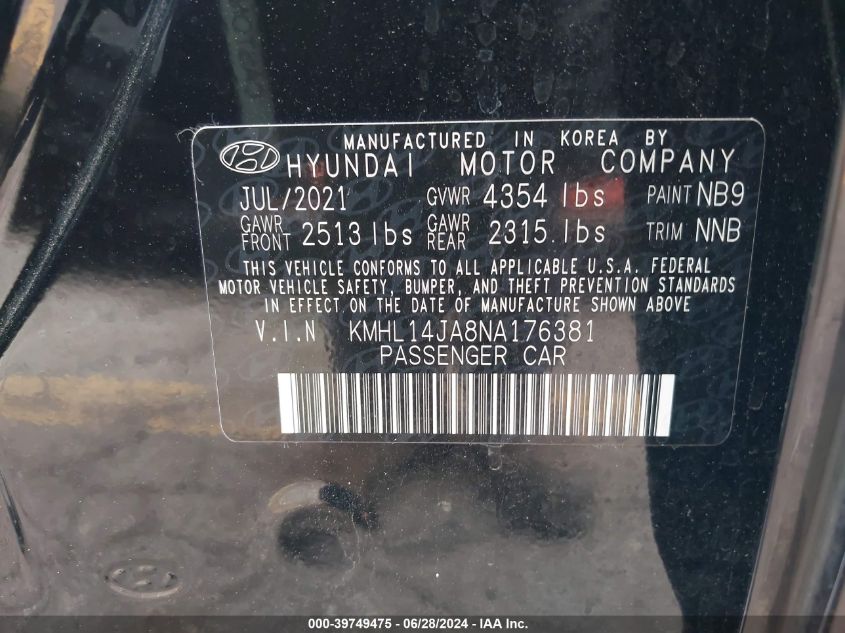 2022 Hyundai Sonata Sel VIN: KMHL14JA8NA176381 Lot: 39749475