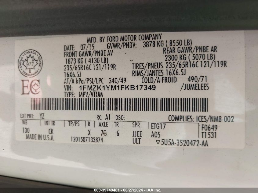 2015 Ford Transit-150 Xlt VIN: 1FMZK1YM1FKB17349 Lot: 39749481