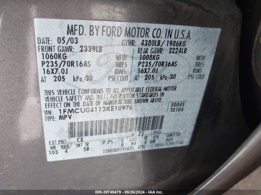 1FMCU04113KE10976 2003 Ford Escape Limited