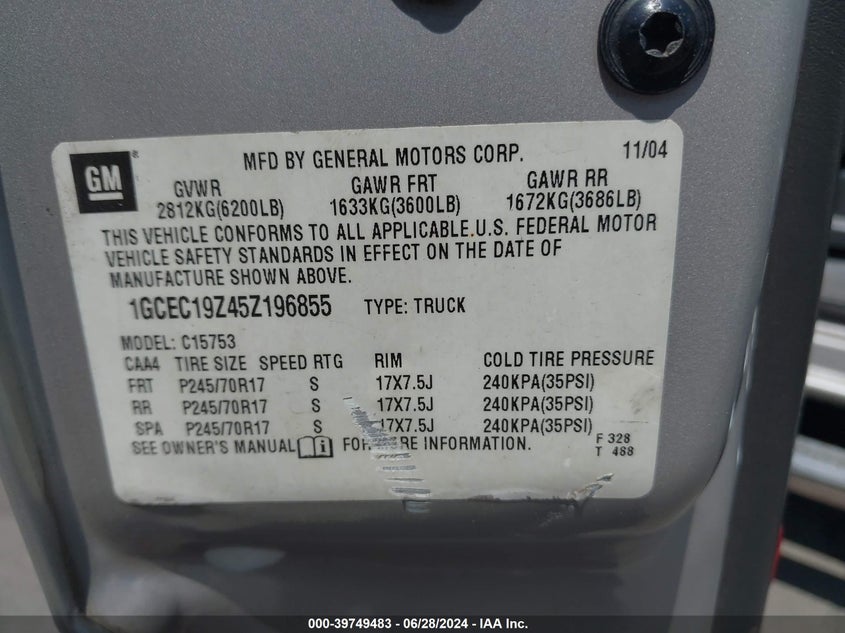 2005 Chevrolet Silverado 1500 Ls VIN: 1GCEC19Z45Z196855 Lot: 39749483