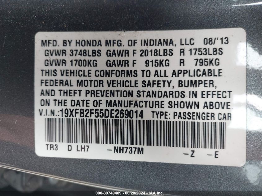 2013 Honda Civic Lx VIN: 19XFB2F55DE269014 Lot: 39749489