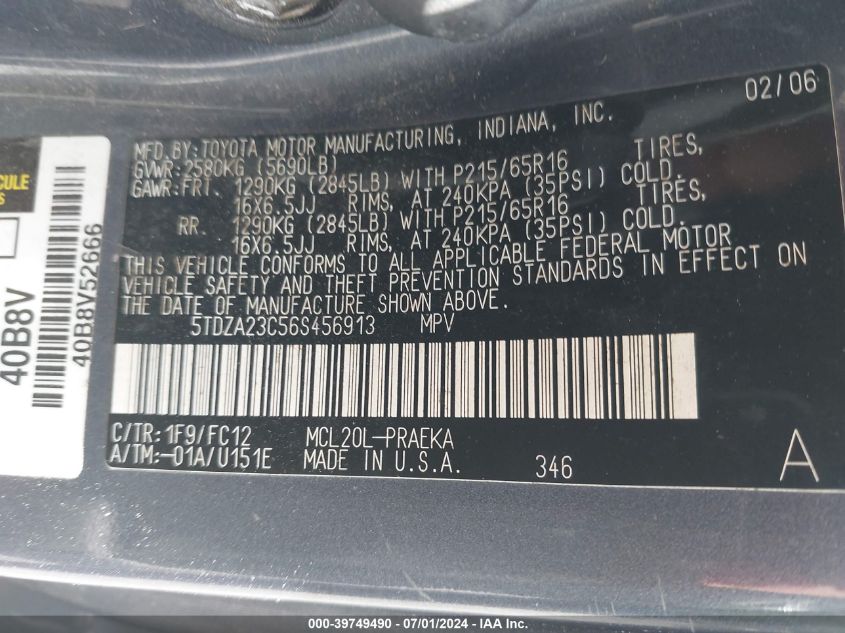 2006 Toyota Sienna Le VIN: 5TDZA23C56S456913 Lot: 39749490