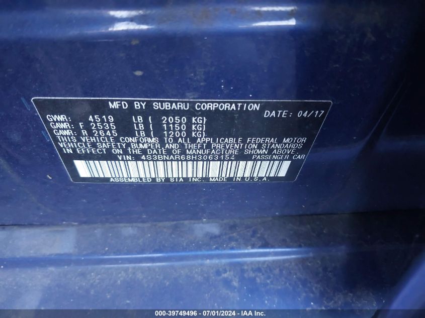 2017 Subaru Legacy 2.5I Sport VIN: 4S3BNAR68H3063154 Lot: 39749496