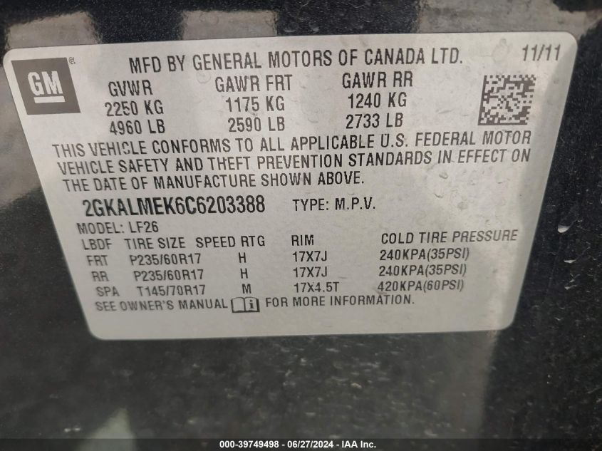 2012 GMC Terrain Sle VIN: 2GKALMEK6C6203388 Lot: 39749498