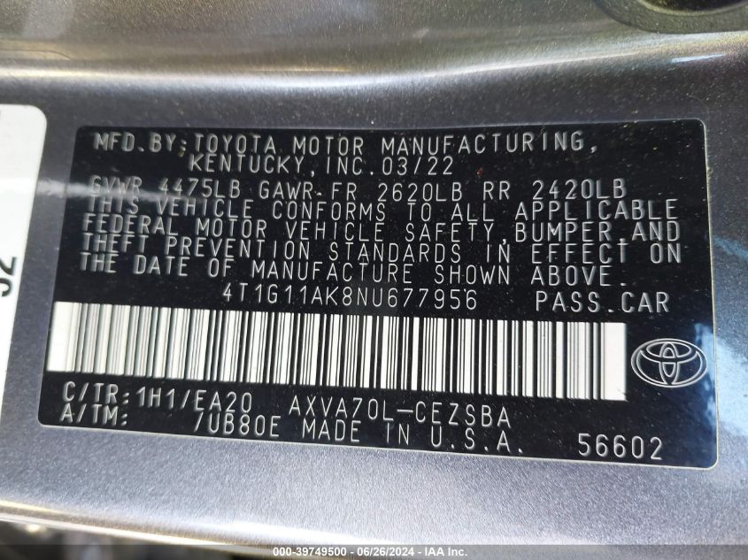 4T1G11AK8NU677956 | 2022 TOYOTA CAMRY