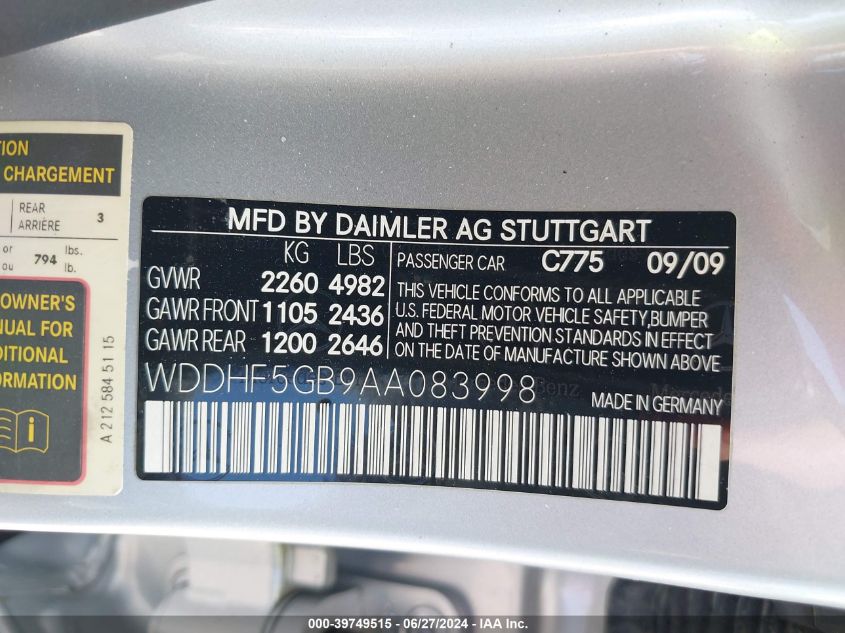 2010 Mercedes-Benz E 350 350 VIN: WDDHF5GB9AA083998 Lot: 39749515