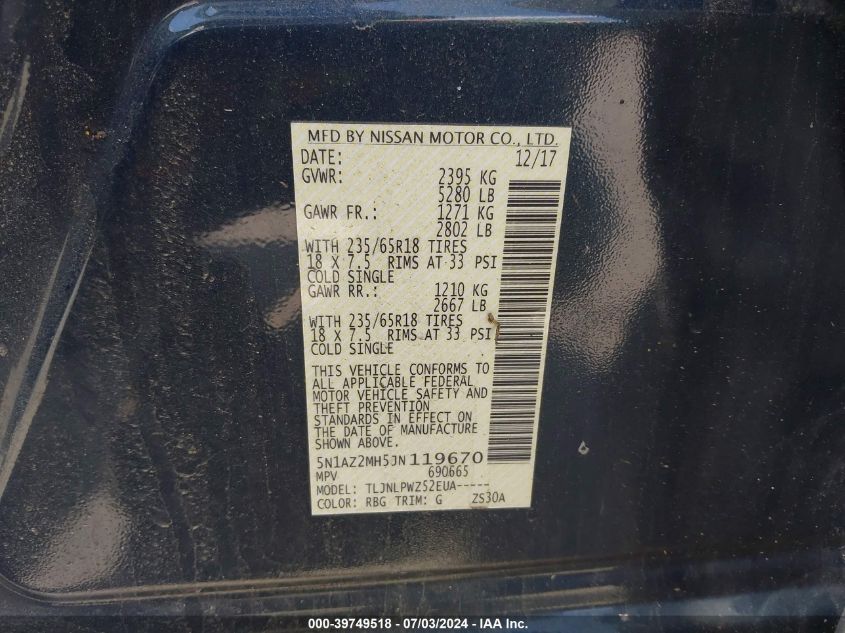 2018 Nissan Murano S VIN: 5N1AZ2MH5JN119670 Lot: 39749518