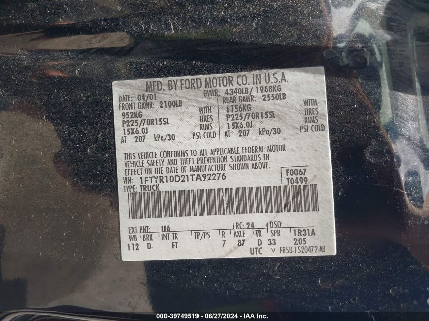 2001 Ford Ranger VIN: 1FTYR10D21TA92276 Lot: 39749519